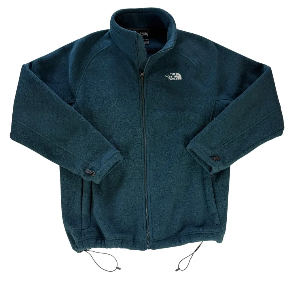 The North Face Mens XL Full Zip Fleece Jacket Teal Blue Raglan Sleeve Cinch Hem
